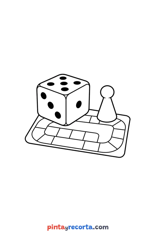 Dice coloring page: big die and a game piece on a board game, easy level with thick outlines and big spaces