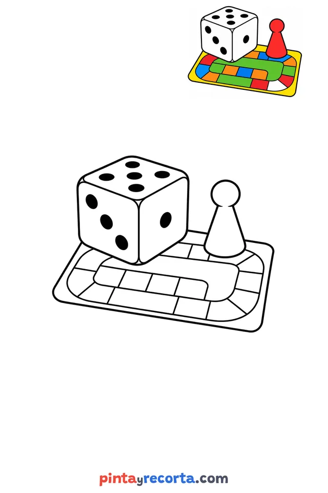 Dice coloring page with a small color guide, easy level