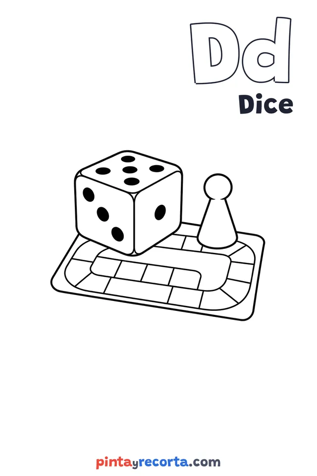 Dice coloring page with the letter Dd and the word Dice, easy level