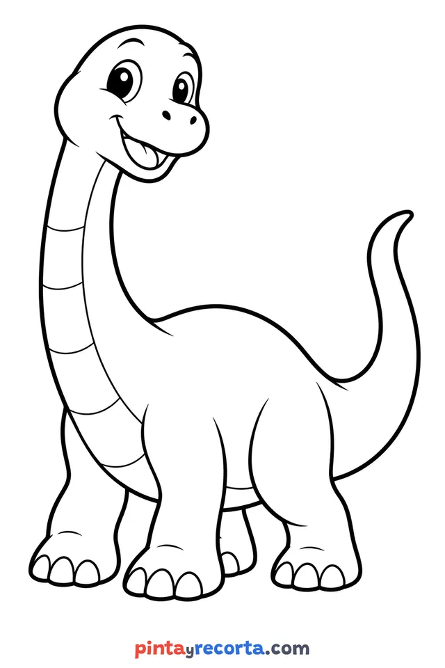 Dibujo de dinosaurio para colorear en pose amistosa, nivel básico con trazos gruesos y áreas grandes
