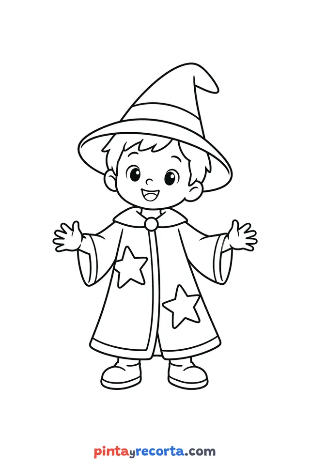 Dibujo de disfraz de Halloween para colorear, nivel básico con trazos gruesos y áreas grandes