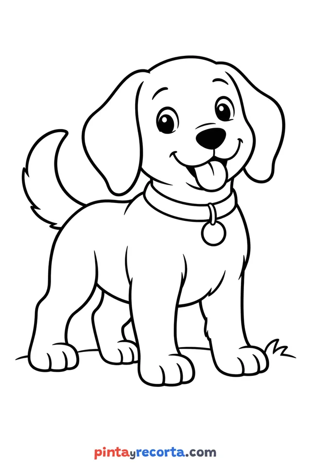 Dog coloring page: full body in a calm pose, easy level with thick outlines and big spaces