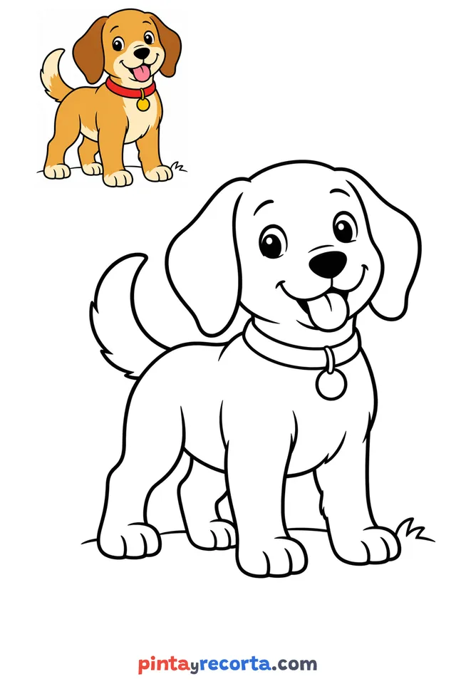 Dog coloring page with a small color guide, easy level