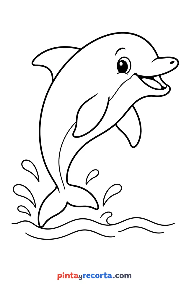 Dolphin coloring page: full body in a calm pose, easy level with thick outlines and big spaces