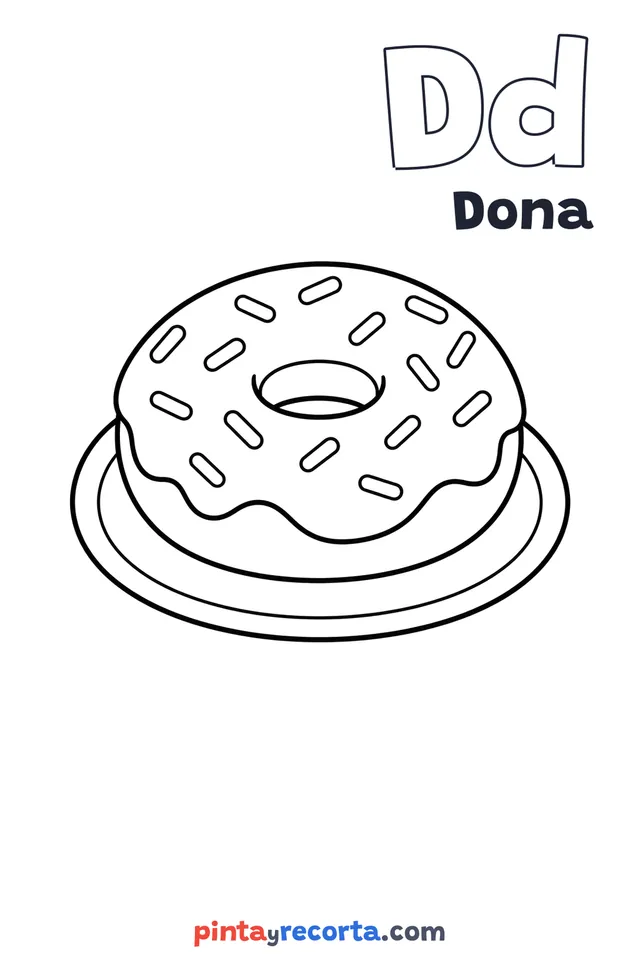 Dibujo de dona para colorear con la letra Dd y la palabra Dona, nivel básico