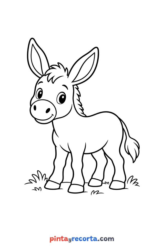 Donkey coloring page: a little long-eared donkey standing sideways on the grass, easy level with thick outlines and big spaces