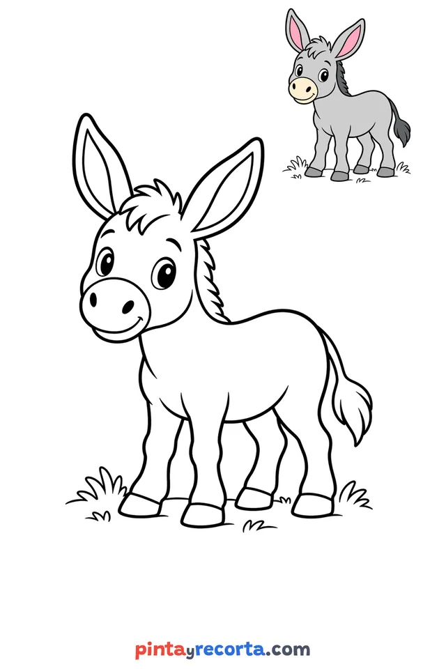 Donkey coloring page with a small color guide, easy level