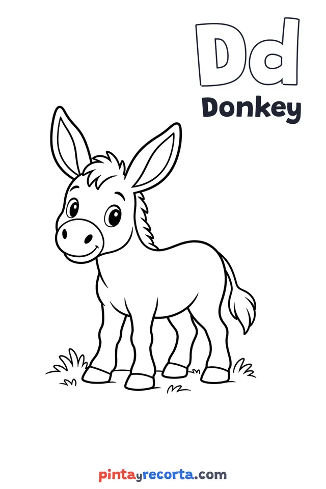 Donkey coloring page with the letter Dd and the word Donkey, easy level