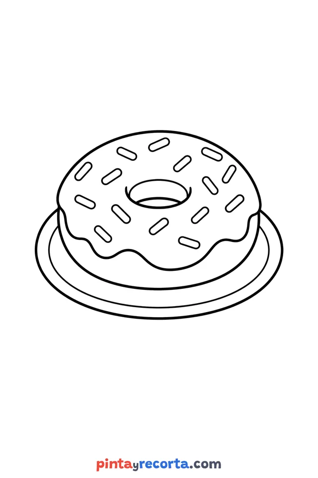 Donut coloring page: served on a plate, easy level with thick outlines and big spaces