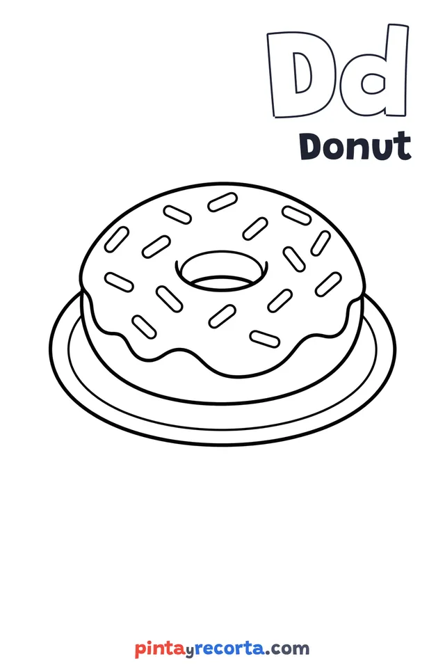 Donut coloring page with the letter Dd and the word Donut, easy level
