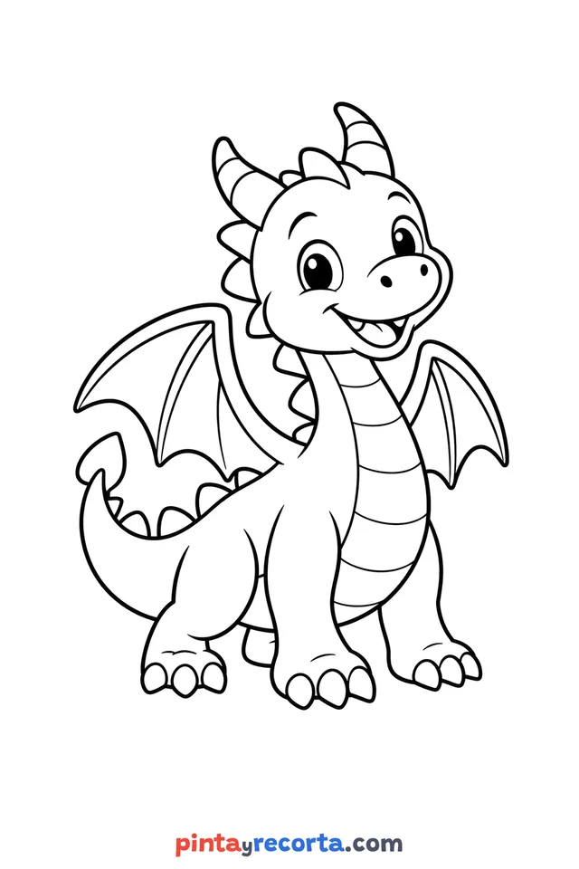 Dragon coloring page: in a friendly pose, easy level with thick outlines and big spaces
