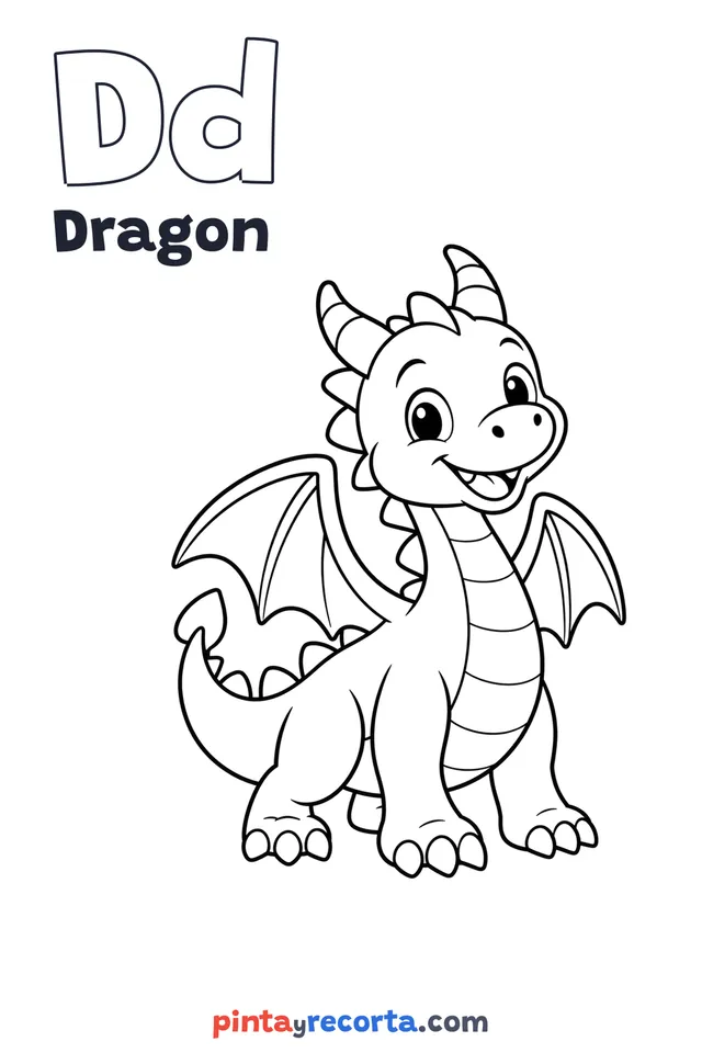Dragon coloring page with the letter Dd and the word Dragon, easy level