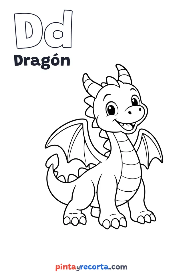 Dibujo de dragón para colorear con la letra Dd y la palabra Dragón, nivel básico