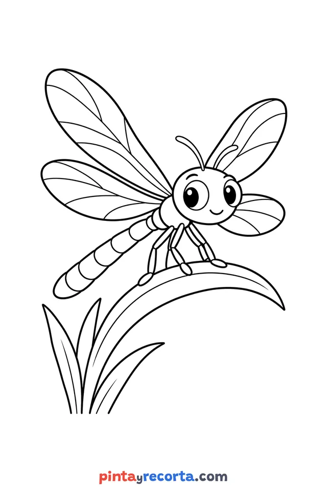 Dragonfly coloring page: resting on a blade of grass, easy level with thick outlines and big spaces