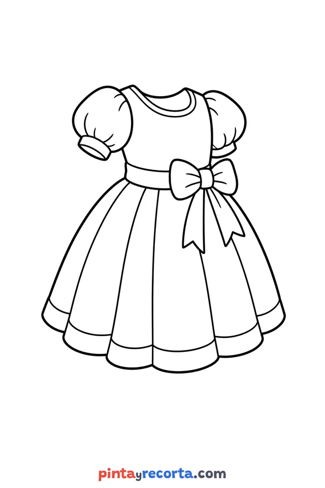 Dress coloring page: with a bow and a full skirt, easy level with thick outlines and big spaces