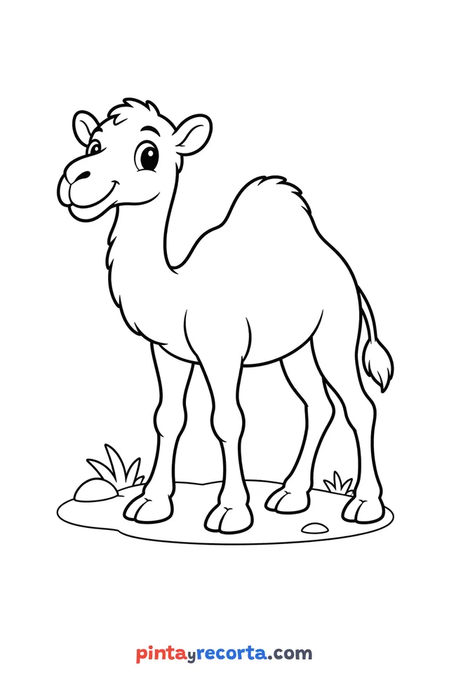 Dibujo de dromedario para colorear de cuerpo completo en pose tranquila, nivel básico con trazos gruesos y áreas grandes