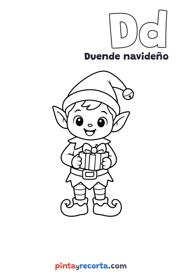 Dibujo de duende navideño para colorear con la letra Dd y la palabra Duende navideño, nivel básico