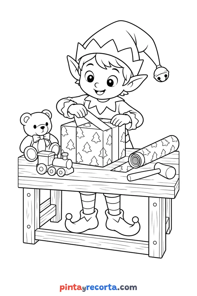 Dibujo de duende navideño de Navidad para colorear, nivel intermedio con detalle moderado