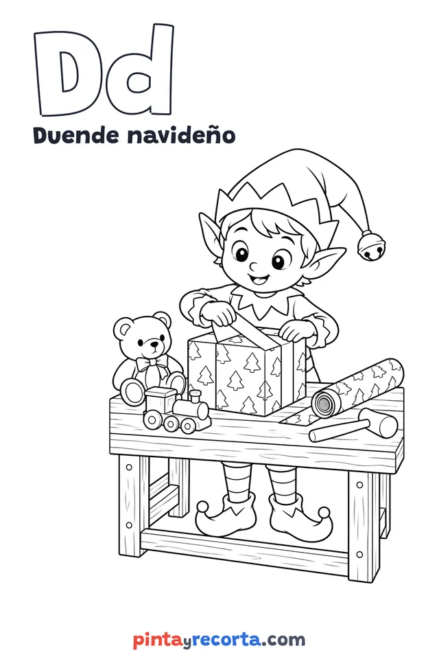 Dibujo de duende navideño para colorear con la letra Dd y la palabra Duende navideño, nivel intermedio