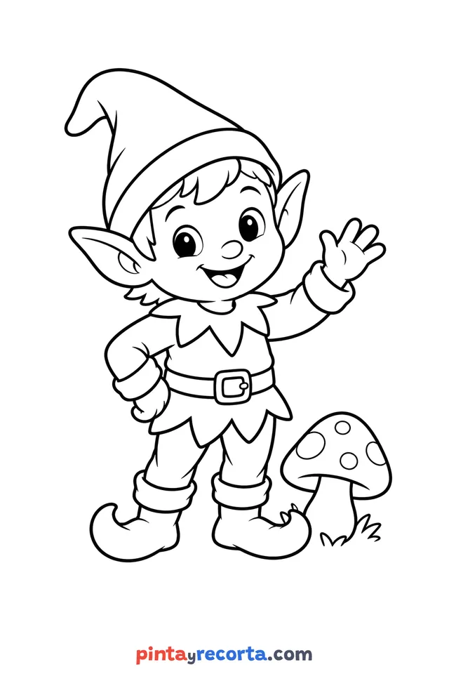Dibujo de duende para colorear en pose amistosa, nivel básico con trazos gruesos y áreas grandes