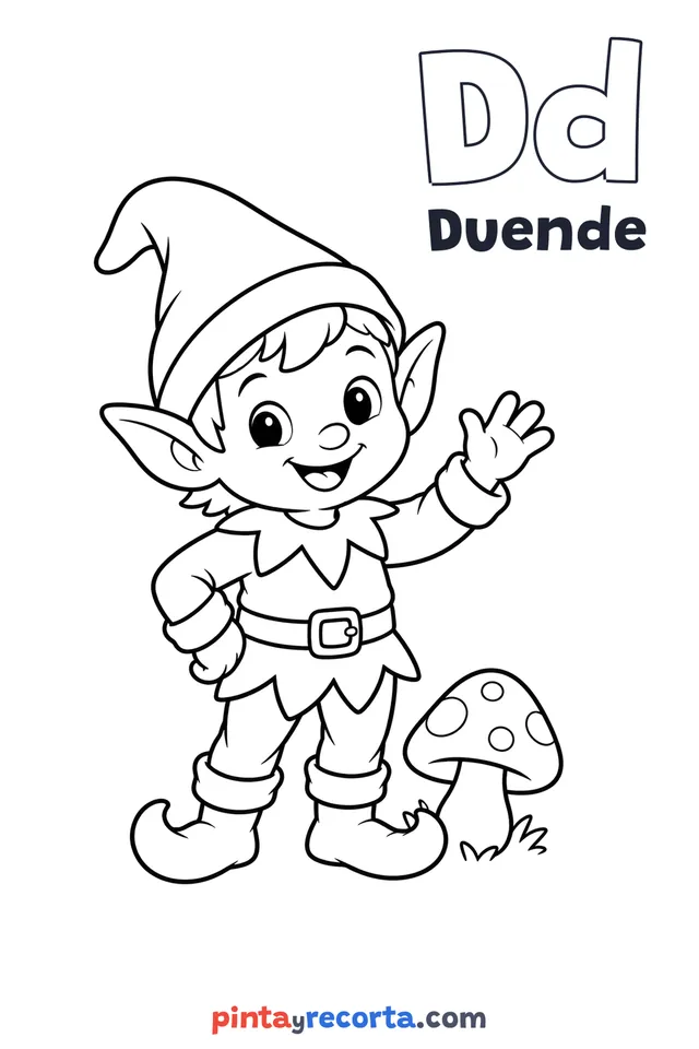 Dibujo de duende para colorear con la letra Dd y la palabra Duende, nivel básico