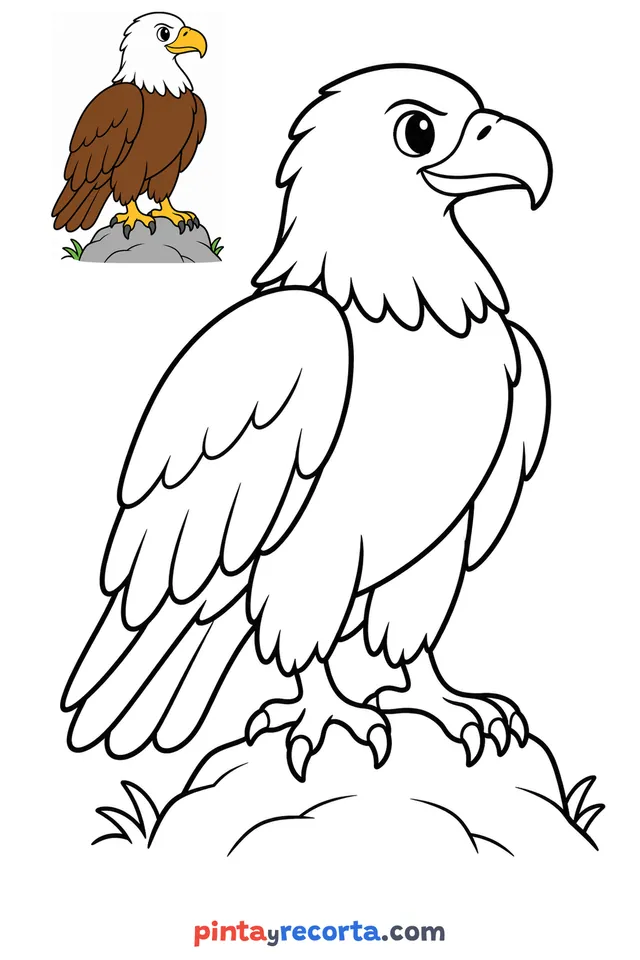 Eagle coloring page with a small color guide, easy level