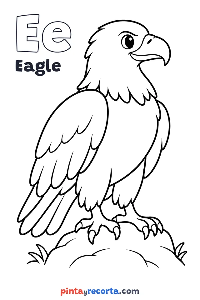 Eagle coloring page with the letter Ee and the word Eagle, easy level