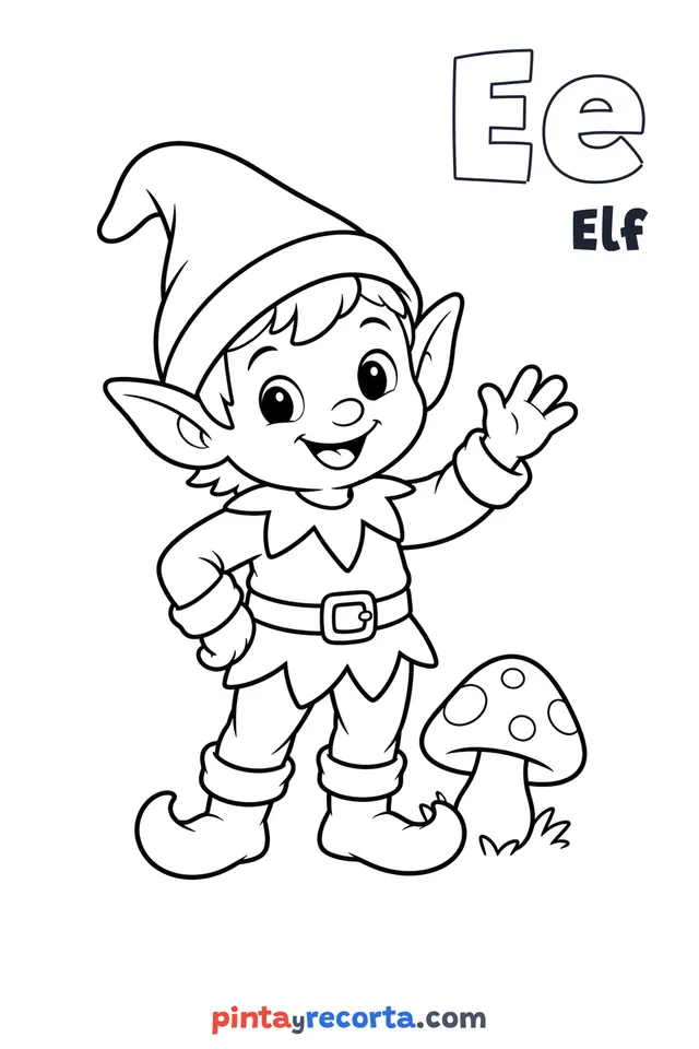 Elf coloring page with the letter Ee and the word Elf, easy level