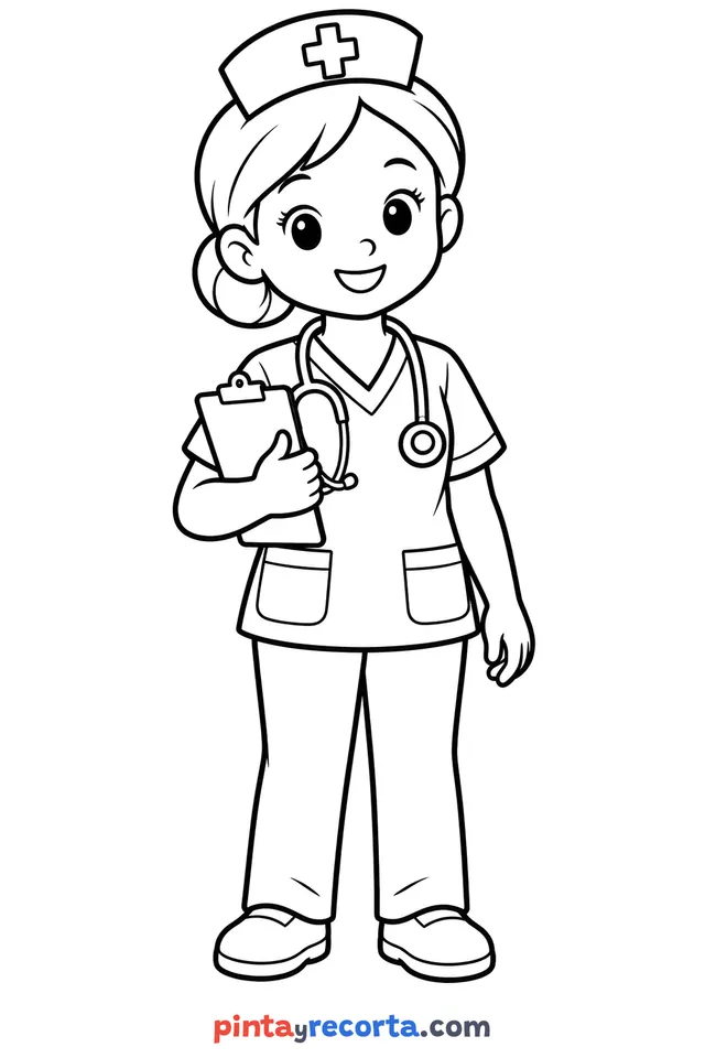 Dibujo de enfermera para colorear de cuerpo completo con sus herramientas, nivel básico con trazos gruesos y áreas grandes