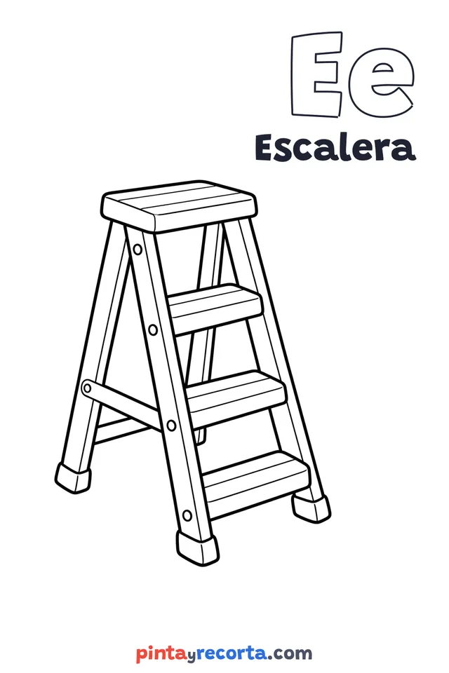 Dibujo de escalera para colorear con la letra Ee y la palabra Escalera, nivel básico