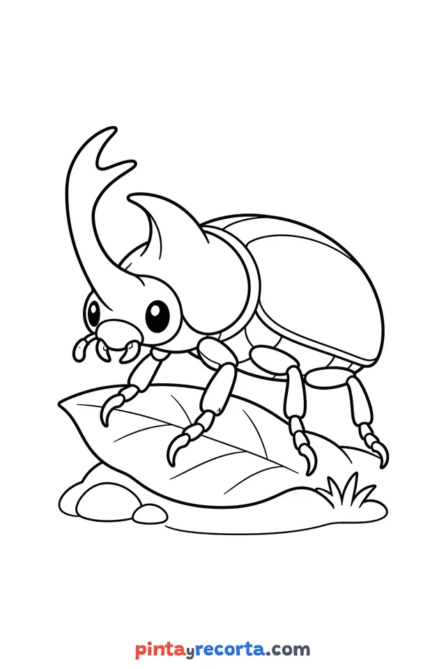 Dibujo de escarabajo para colorear de cuerpo completo en pose tranquila, nivel básico con trazos gruesos y áreas grandes