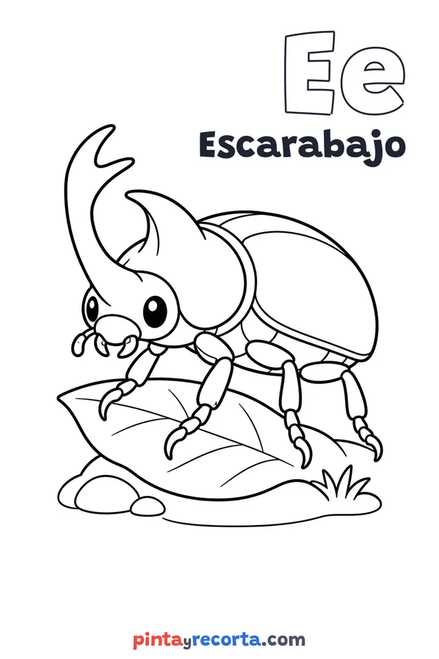 Dibujo de escarabajo para colorear con la letra Ee y la palabra Escarabajo, nivel básico