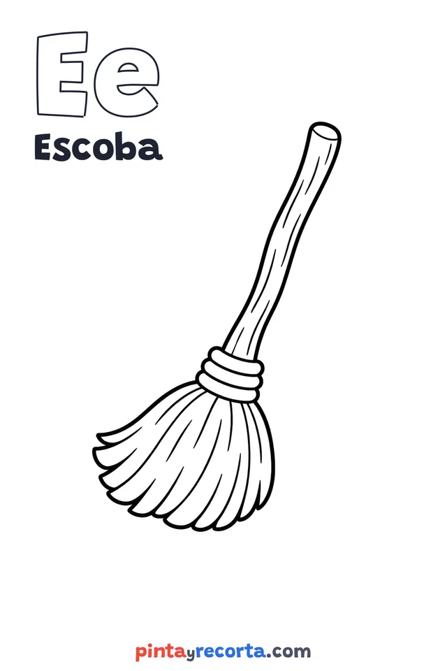 Dibujo de escoba para colorear con la letra Ee y la palabra Escoba, nivel básico