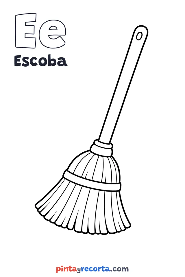 Dibujo de escoba para colorear con la letra Ee y la palabra Escoba, nivel básico