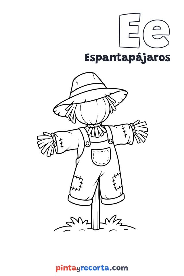 Dibujo de espantapájaros para colorear con la letra Ee y la palabra Espantapájaros, nivel básico