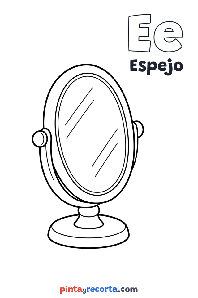 Dibujo de espejo para colorear con la letra Ee y la palabra Espejo, nivel básico