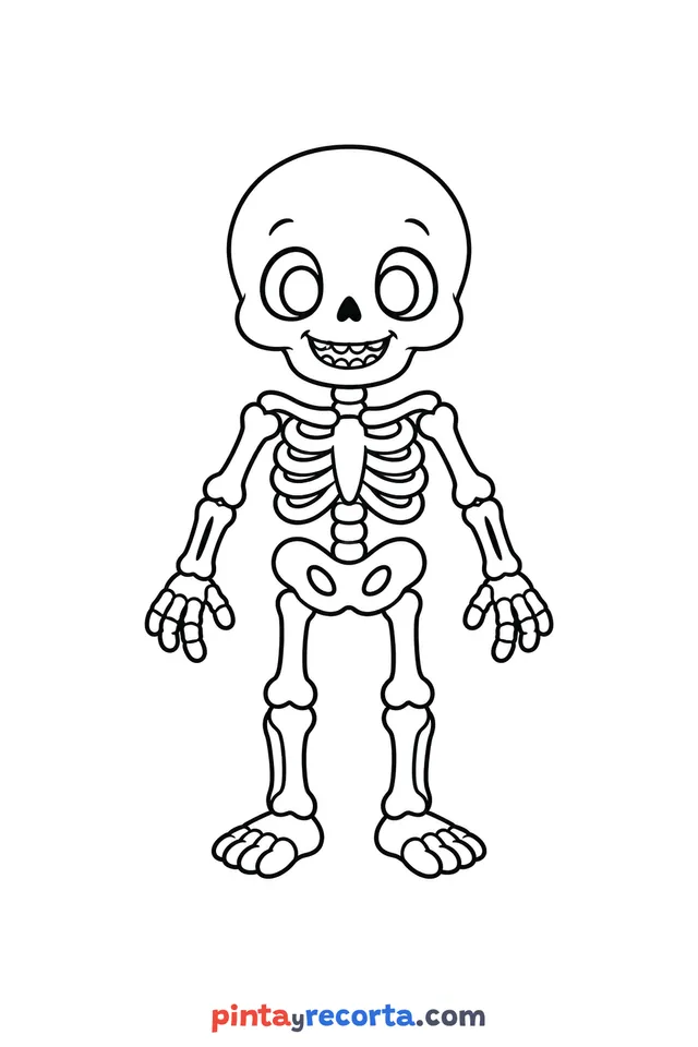 Dibujo de esqueleto de Halloween para colorear, nivel básico con trazos gruesos y áreas grandes