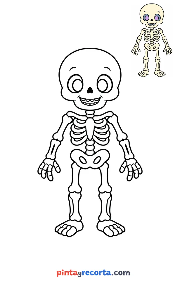 Dibujo de esqueleto para colorear con una guía de color en miniatura, nivel básico
