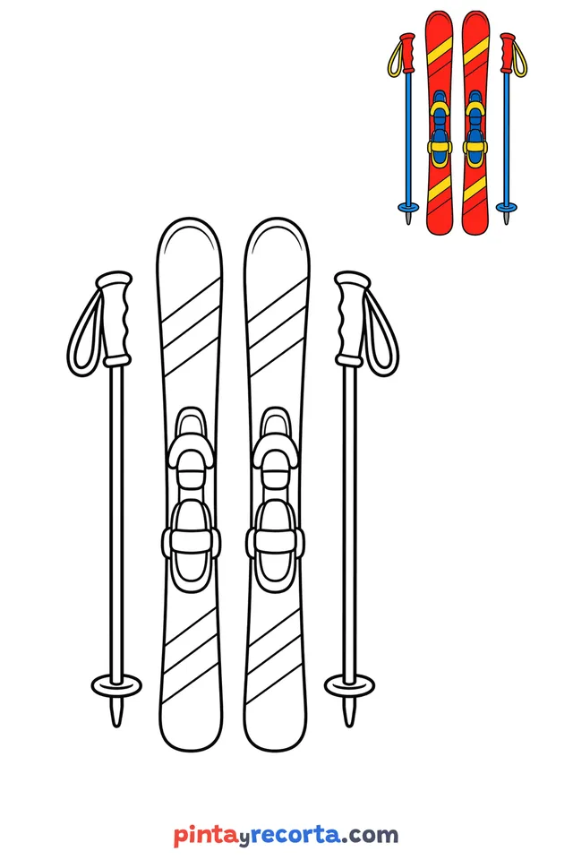Dibujo de esquís para colorear con una guía de color en miniatura, nivel básico