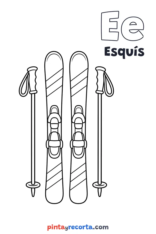 Dibujo de esquís para colorear con la letra Ee y la palabra Esquís, nivel básico