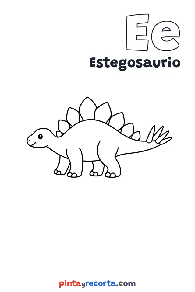 Dibujo de estegosaurio para colorear con la letra Ee y la palabra Estegosaurio, nivel básico