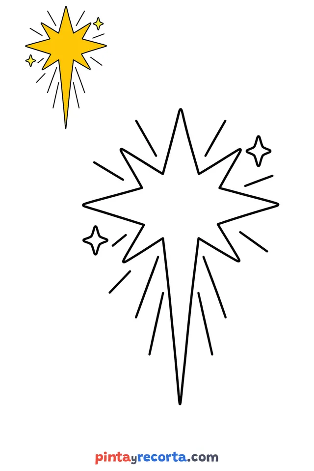 Dibujo de estrella de belén para colorear con una guía de color en miniatura, nivel básico