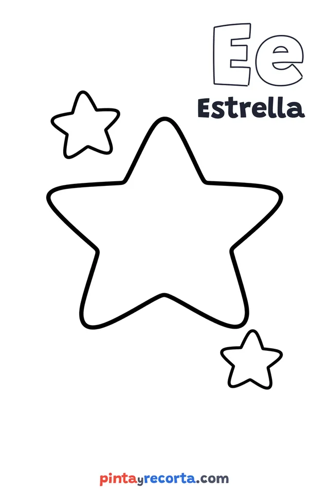 Dibujo de estrella para colorear con la letra Ee y la palabra Estrella, nivel básico