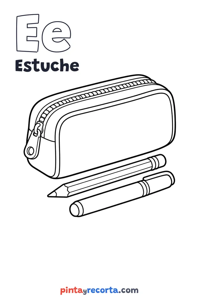 Dibujo de estuche para colorear con la letra Ee y la palabra Estuche, nivel básico
