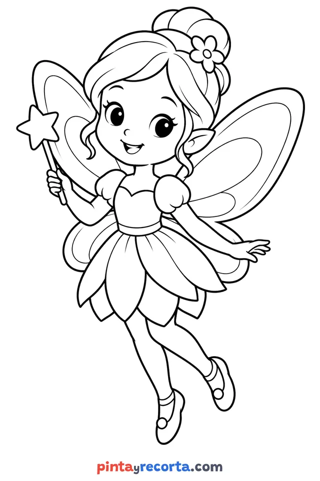 Fairy coloring page: in a friendly pose, easy level with thick outlines and big spaces
