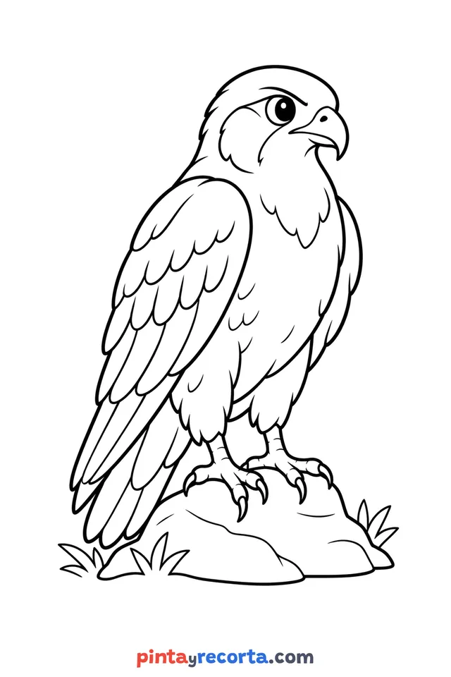 Falcon coloring page: full body in a calm pose, easy level with thick outlines and big spaces