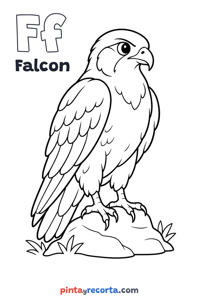 Falcon coloring page with the letter Ff and the word Falcon, easy level