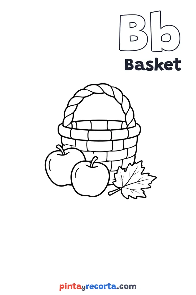 Basket coloring page with the letter Bb and the word Basket, easy level
