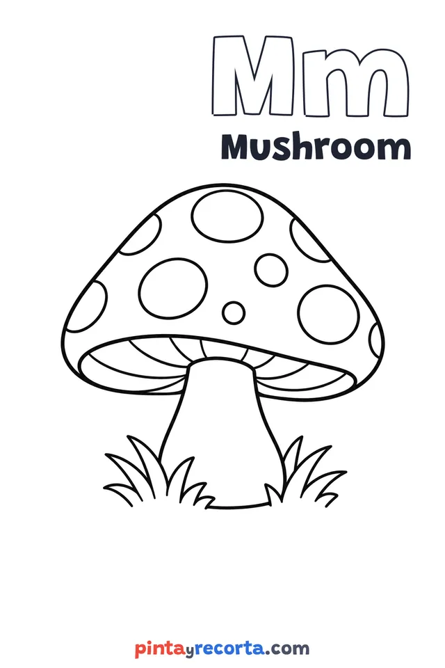 Mushroom coloring page with the letter Mm and the word Mushroom, easy level