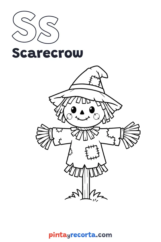 Scarecrow coloring page with the letter Ss and the word Scarecrow, easy level